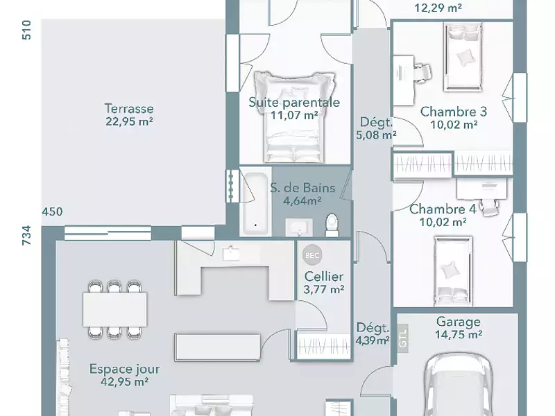 Maison neuve, 110 m² - Saint-Etienne-de-Tulmont (82410)